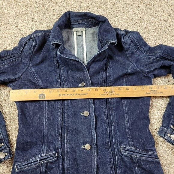J Jill Denim Jacket Womens 8 Blue Button Up Utility Pockets Distressed Dark Wash - Picture 3 of 8